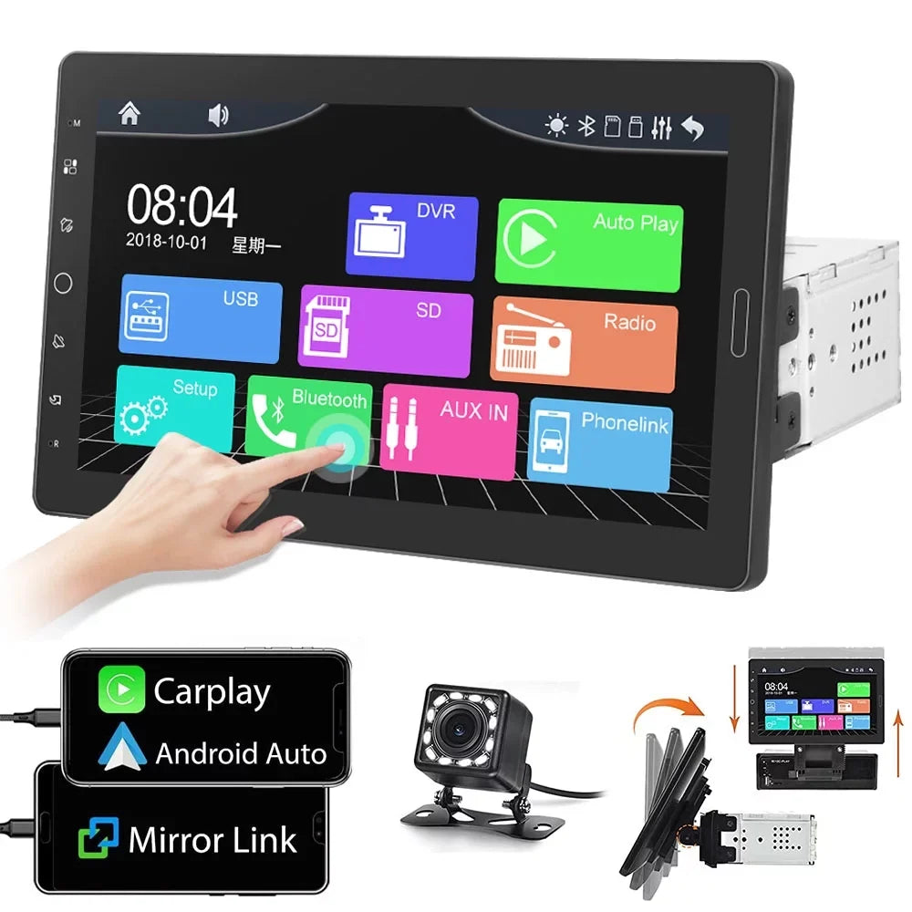 Podofo Single 1 Din 10.1'' Car Stereo Radio Apple Carplay Android Auto IPS Touch Screen 10 inch Car MP5 Player Bluetooth Mirror Link FM TF Card USB,with Rearview Camera