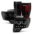 AKKON - For 2009-2014 Ford F150 Dual LED Halo Projector Black Smoke Headlight + C-Shape LED Strip Tail Lamp