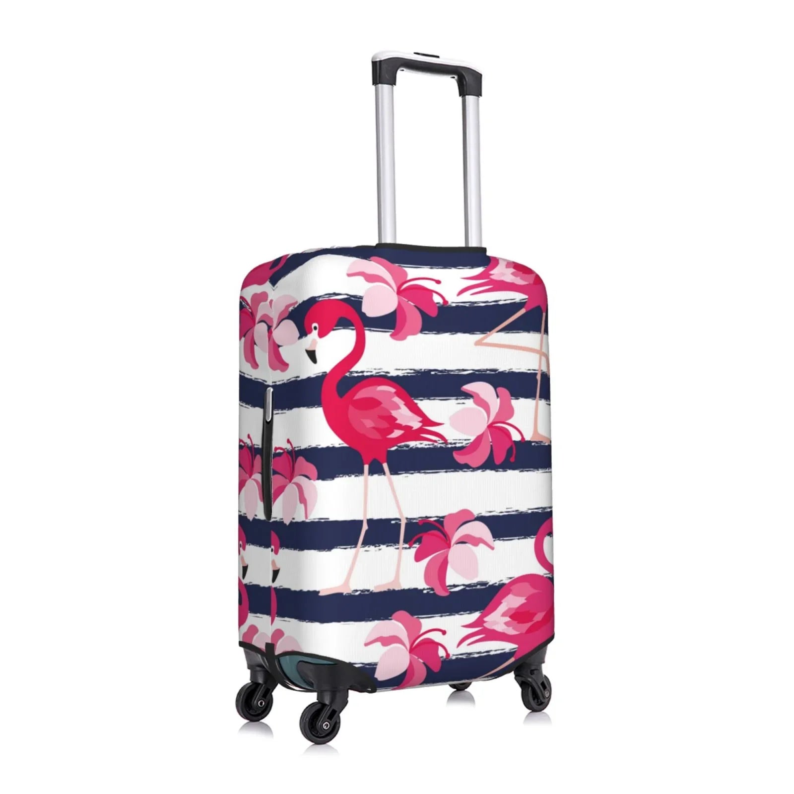 Ocsxa Travel Dust-Proof Suitcase Wrap Dark Blue Stripes And Pink Flamingos Print Luggage Wrap Protector For 18-32inch