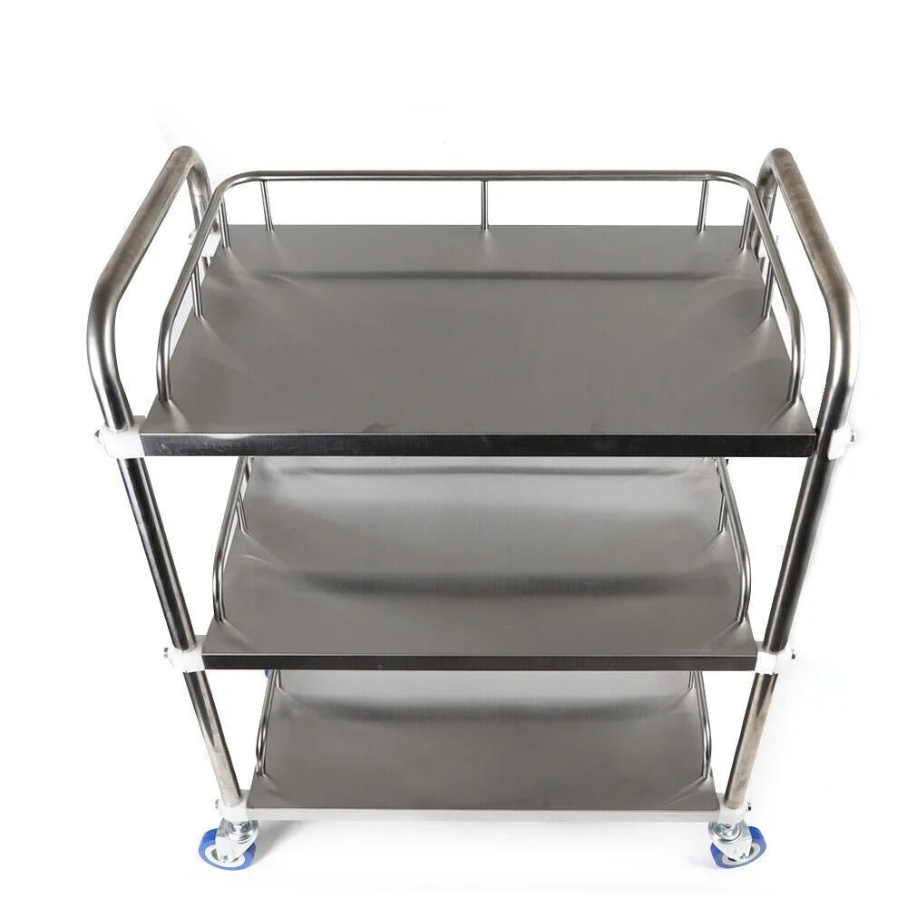 3 Layers Shelves Shelf Household Utility Cart Lab Mobile Rolling Serving Trolley Cart Stainless Steel Multifunction Storage Cart with Silent Locking Wheels for Hotel Restaurant Home Use Silver