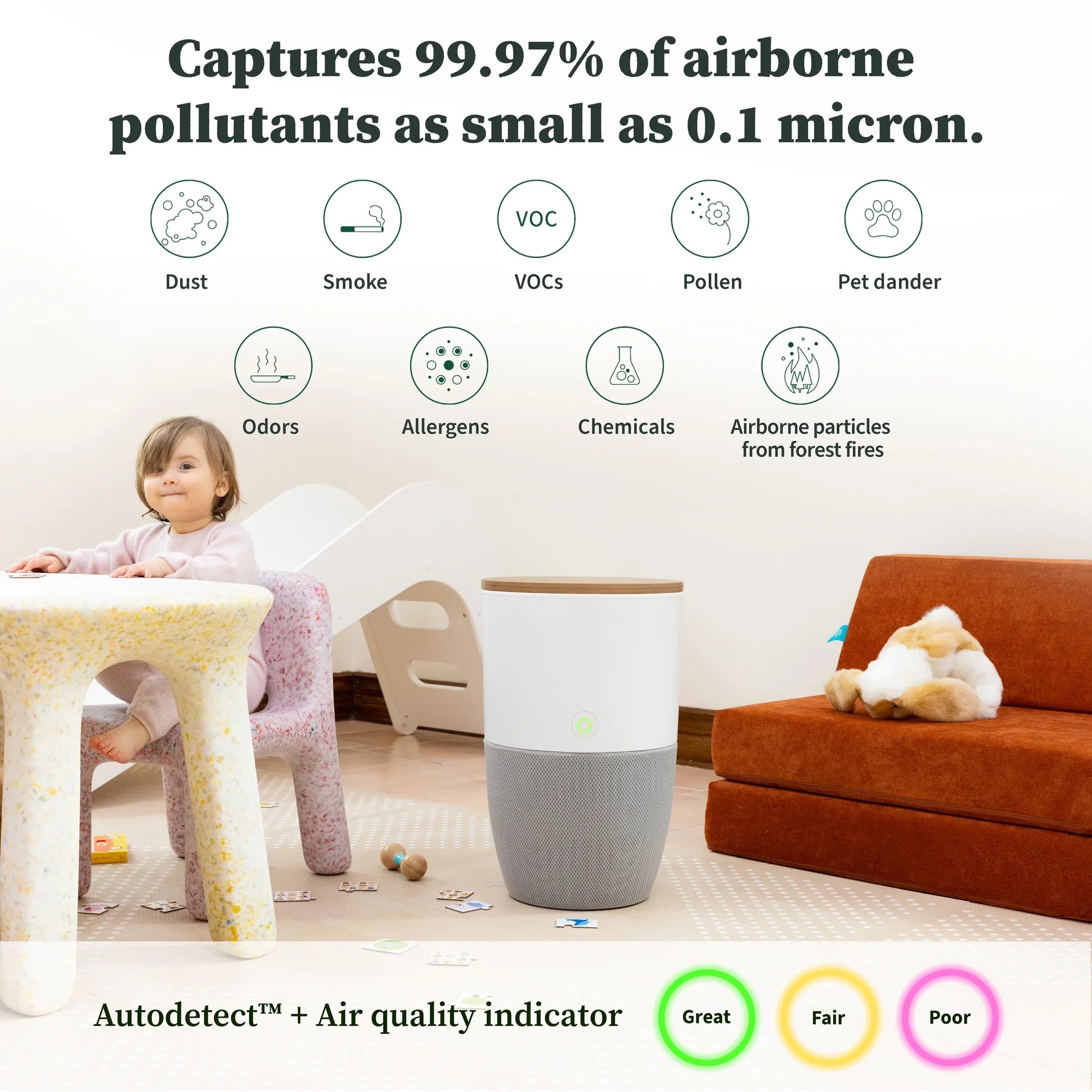 Dupray Bloom™ Air Purifier | Smart Medical-Grade HEPA-13 Air Filtration With Walnut Accent Table