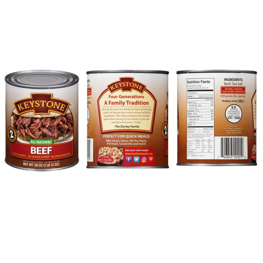 (6 Cans - 2 of Each) Keystone All Natural Beef, Chicken and Pork 28oz Cans Combo Emergency Survival Ready to eat Long Shelf Life Camping Food