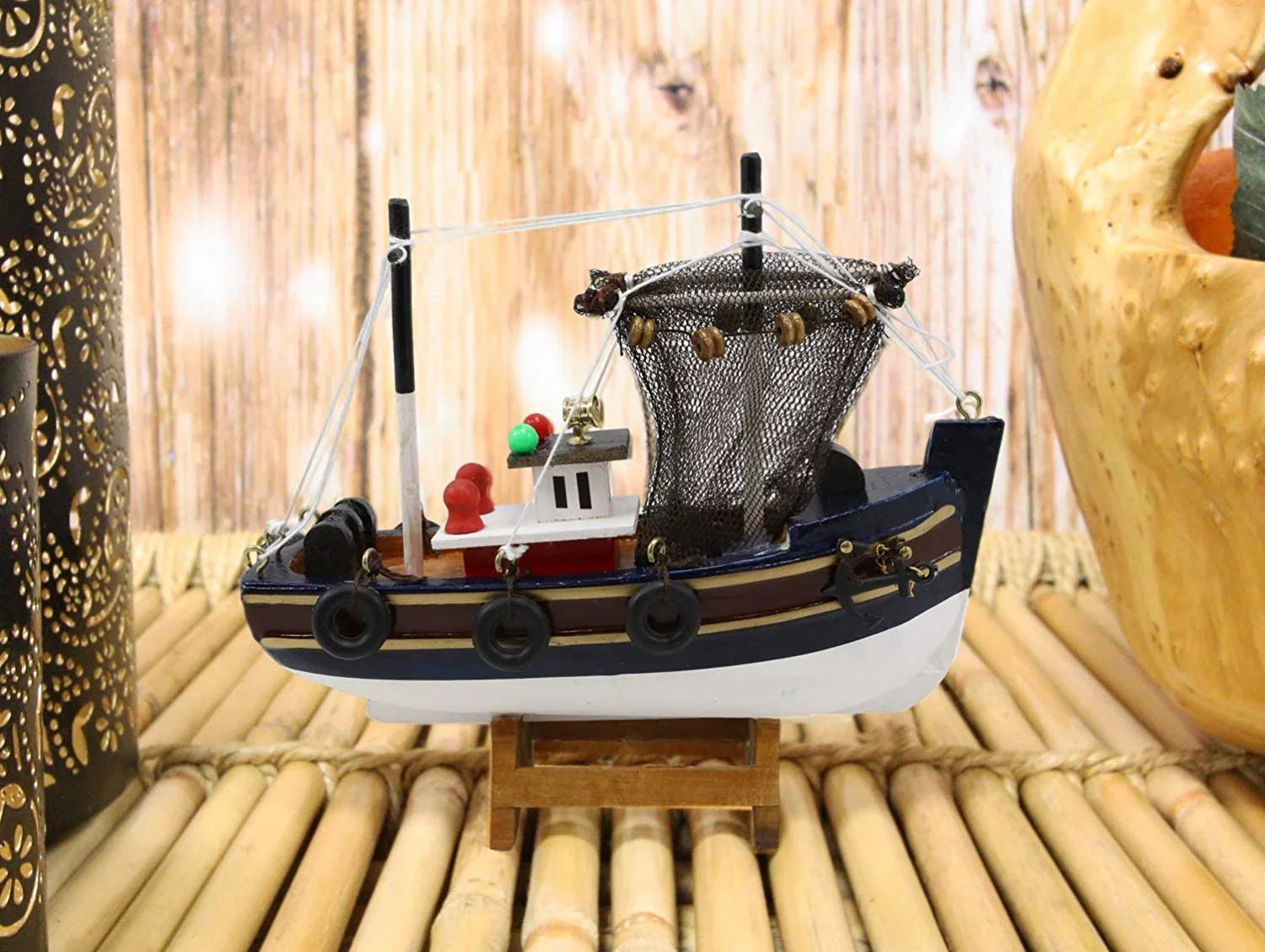 6.25"L Colorful Wooden Handicraft Nautical Marine Trawler Fishing Vessel Model