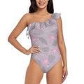 Coaee Pink Flamingo Women's One Piece Swimsuits One Shoulder Swimwear Asymmetric Ruffle Monokinis Bathing Suits - Small