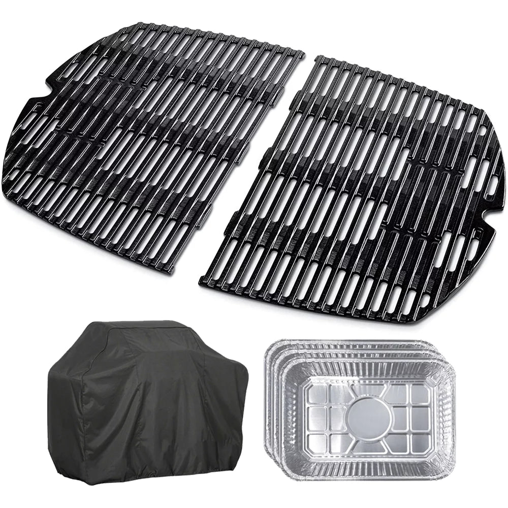 Weber 7646 Cast Iron Cooking Grates for Weber Q 300/3000 Series Grills Bundle with Generic Aluminum Drip Pans Set of 3 and Grill Wrap Barbecue Waterproof Outdoor Protection