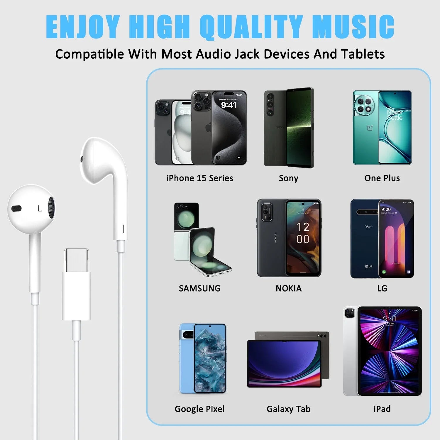 Wired USB Type-C Stereo Earbuds Headphones For iPhone 15 Pro Max,Plus,iPad Pro