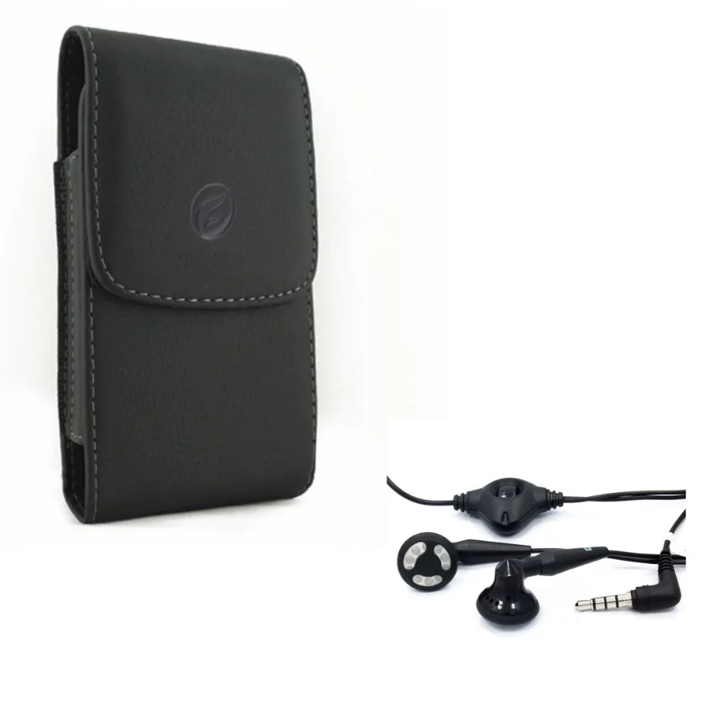 Black Leather Case w Headset OEM 3.5mm Handsfree Earphones L5K for LG G6 G8 ThinQ, G7 ThinQ - Motorola One, Moto X4 X Play G7 Play, Droid Maxx 2 - Nokia 8 - Samsung Galaxy S9, S8 S7 Edge