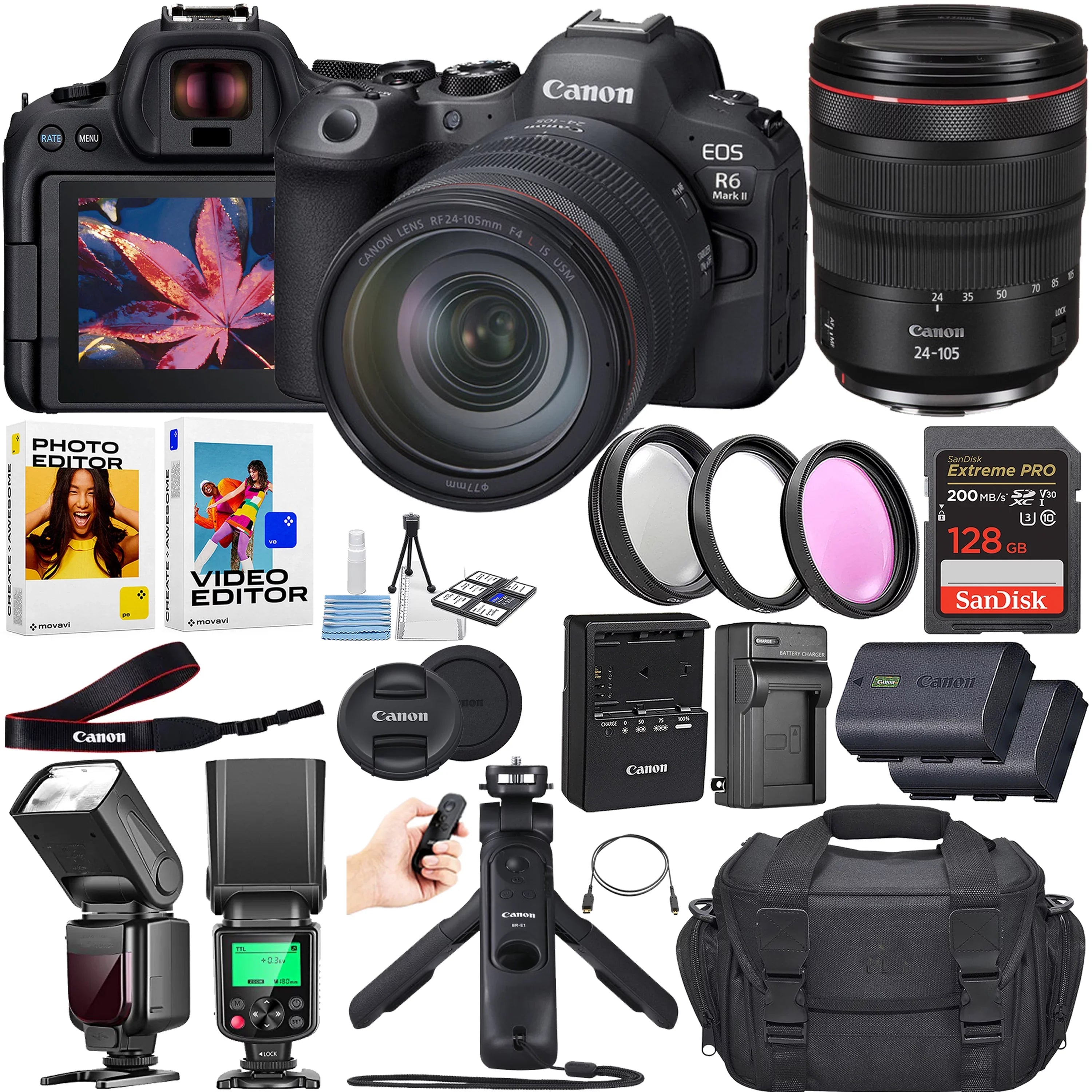 Canon EOS R6 Mark II Mirrorless Camera w/ Canon RF 24-105mm f/4 L IS USM Lens + Canon HG-100TBR Tripod Grip + 128GB Memory Card + TTL Flash + Spare Battery + Case & More