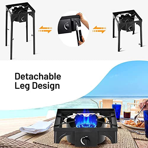 Moccha 100, 000 BTU Single Burner Outdoor Stove Propane Gas Cooker w/Detachable Legs, Portable Cast Iron Patio Cooking Burner Perfect for Camping, Patio, or RV