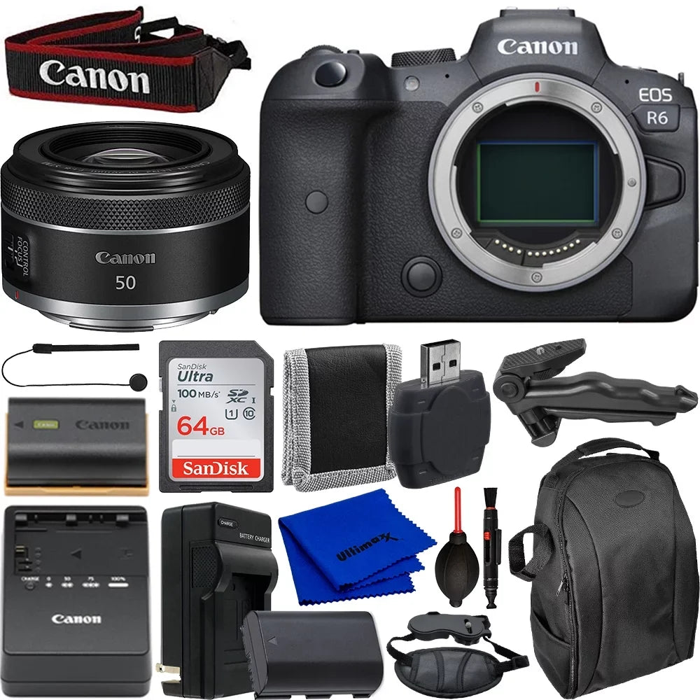 Ultimaxx Starter Canon EOS R6 Mirrorless Camera with RF 50mm f/1.8 STM Lens Bundle - Includes: 64GB Ultra Memory Card, Replacement Battery & Much More