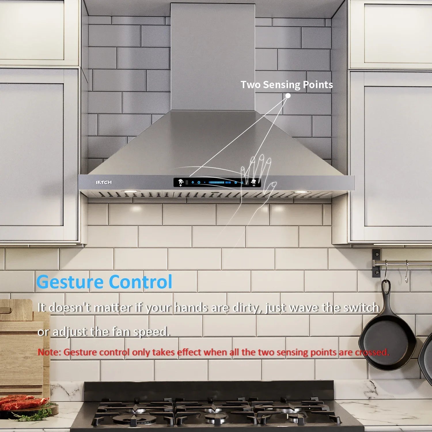 IKTCH Range Hoods 30 inch Wall Mount 900 CFM Ducted/Ductless Convertible, Kitchen Chimney Vent Stainless Steel with Gesture Sensing & Touch Control Switch Panel, 2 Pcs Adjustable Lights(IKP02-30)