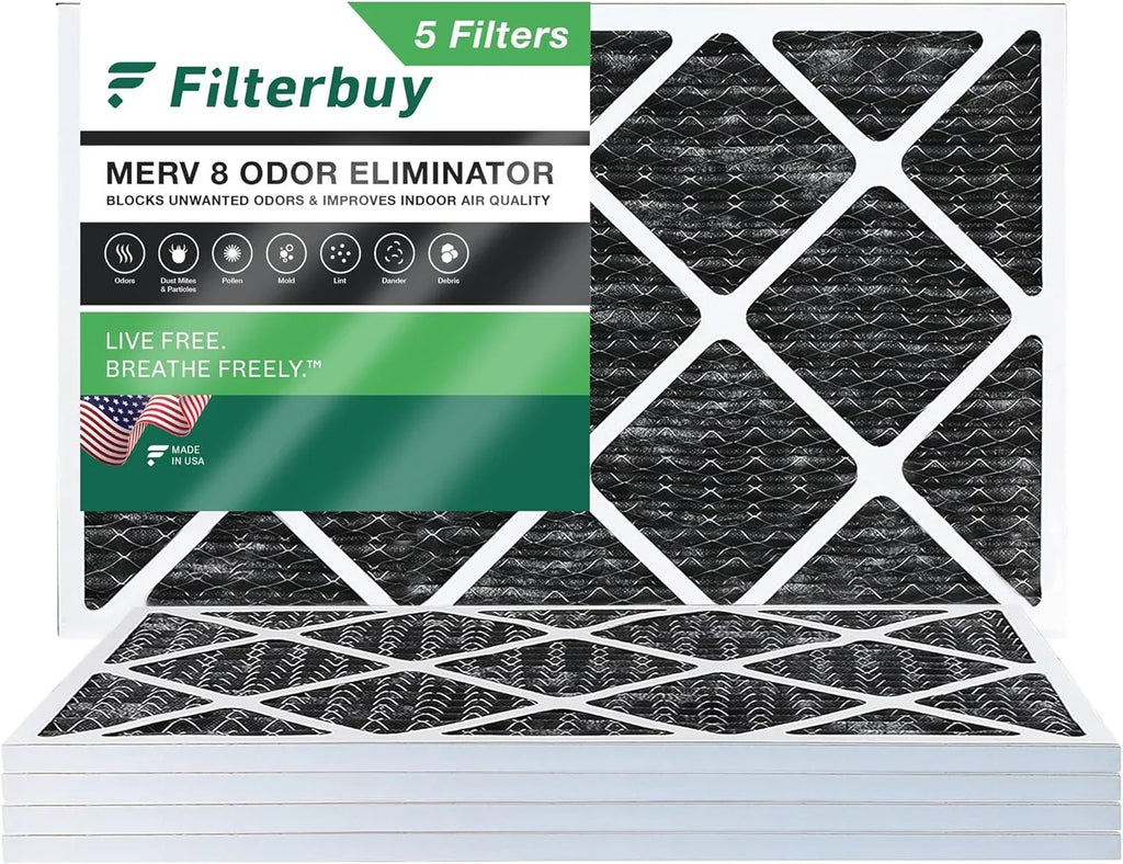 Filterbuy 14x24x1 MERV 8 Odor Eliminator Pleated HVAC AC Furnace Air Filters with Activated Carbon (5-Pack)