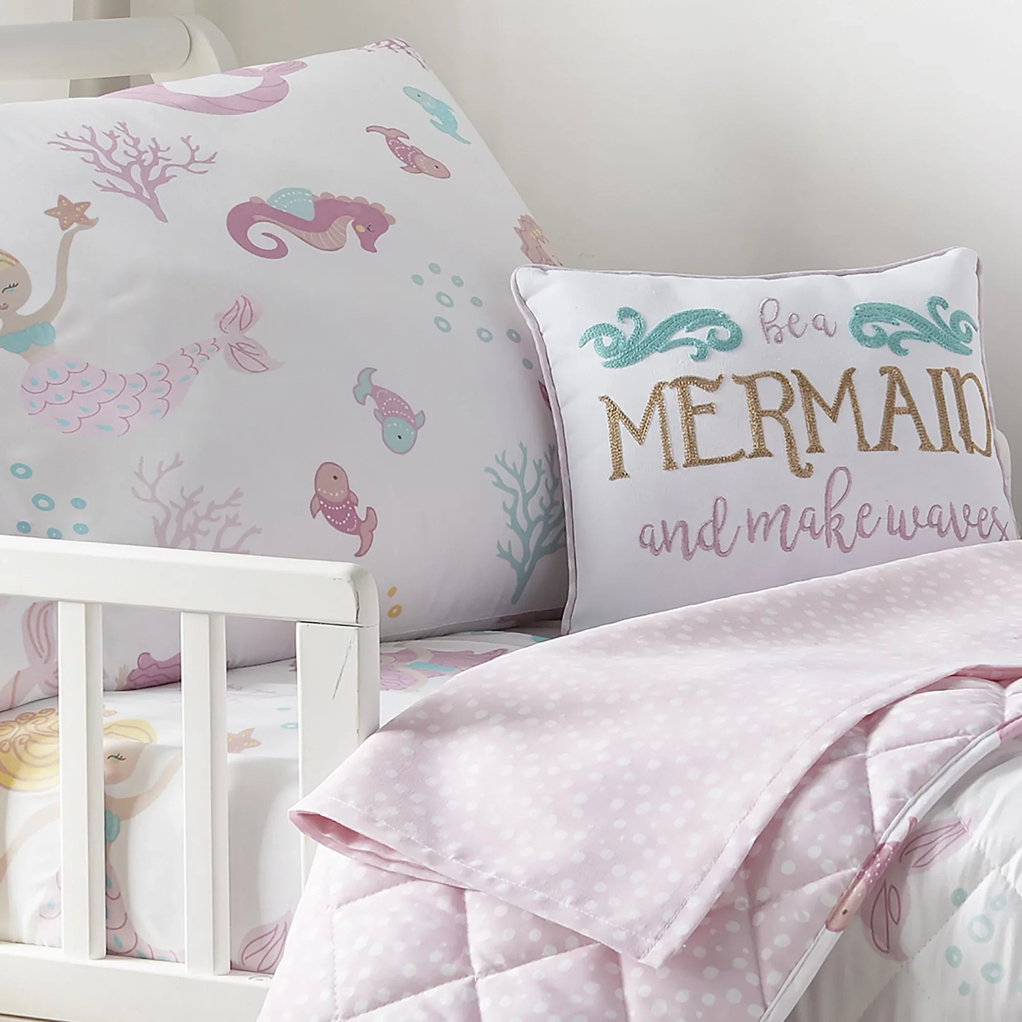 Levtex Baby - Mermaid Toddler Bed Set - Pink, Aqua, Taupe - Floral - 5 Piece Set Includes Reversible Quilt, Fitted Sheet, Flat Sheet, Pillow Case, Decorative Pilow