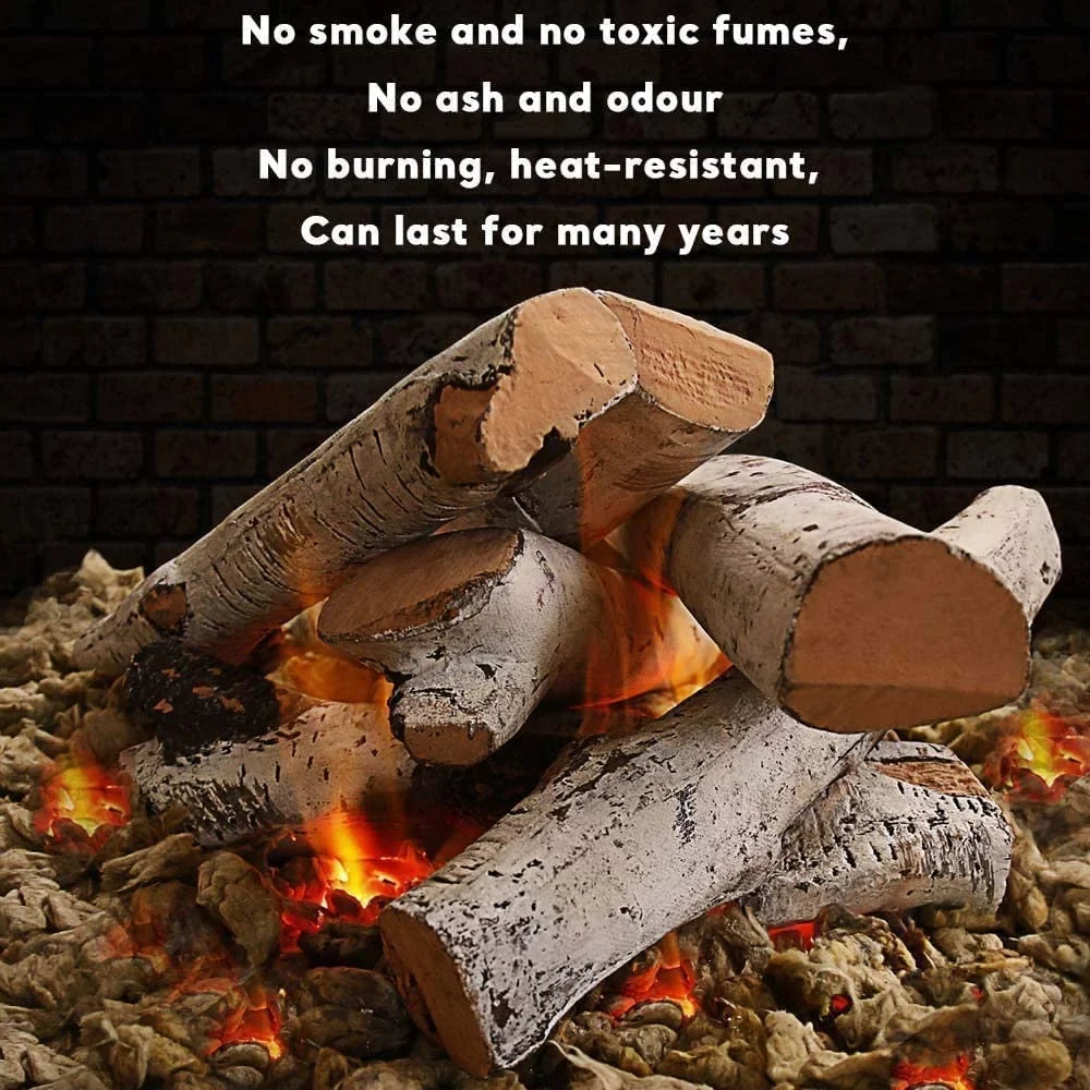 Hisencn Gas Fireplace Logs Set Ceramic White Birch Wood Logs for Indoor Inserts Outdoor Firebowl,Fire Pits, Vented, Propane, Gel, Ethanol, Electric, Realistic Fireplace Decoration 6 Pcs