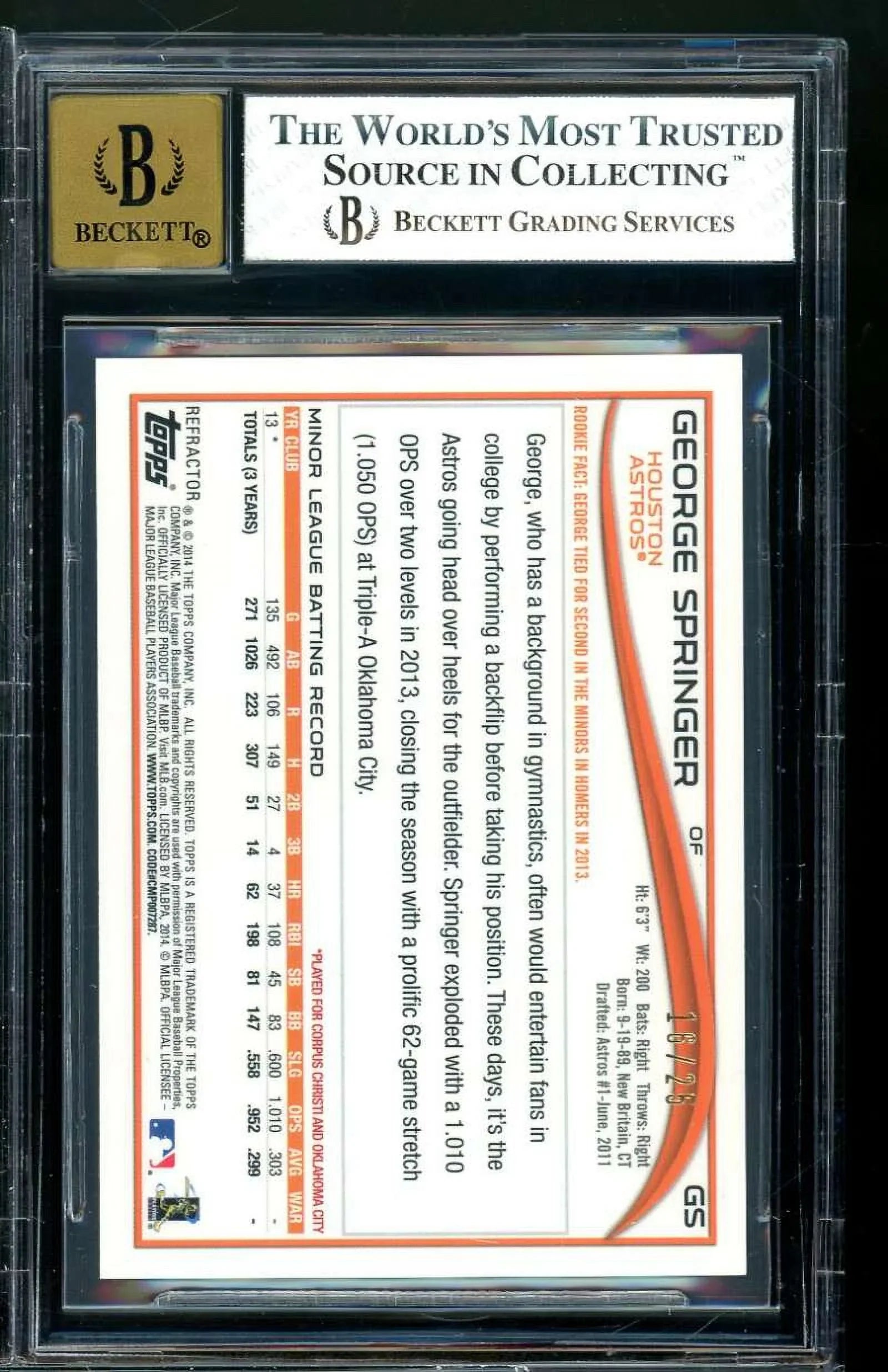 George Springer Rookie 2014 Topps Chrome Rookie Autographs Red Refractors BGS 8