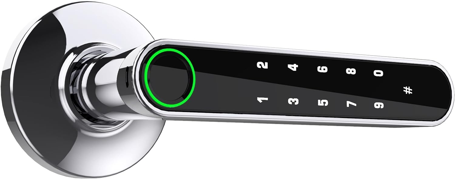 Smart Door Handle by GOURE, Fingerprint Door Lock with Keypads Password, Tuya App and Backup Keys, Easy to Install Optimal Suited for Office, Airbnb, Home [2024 New Upgrade]