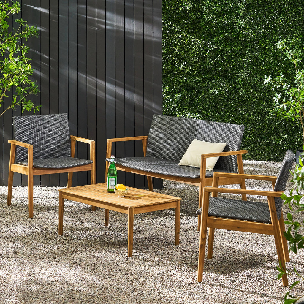 Remuda Wicker and Acacia Wood Outdoor 4 Seater Chat , Gray and Teak