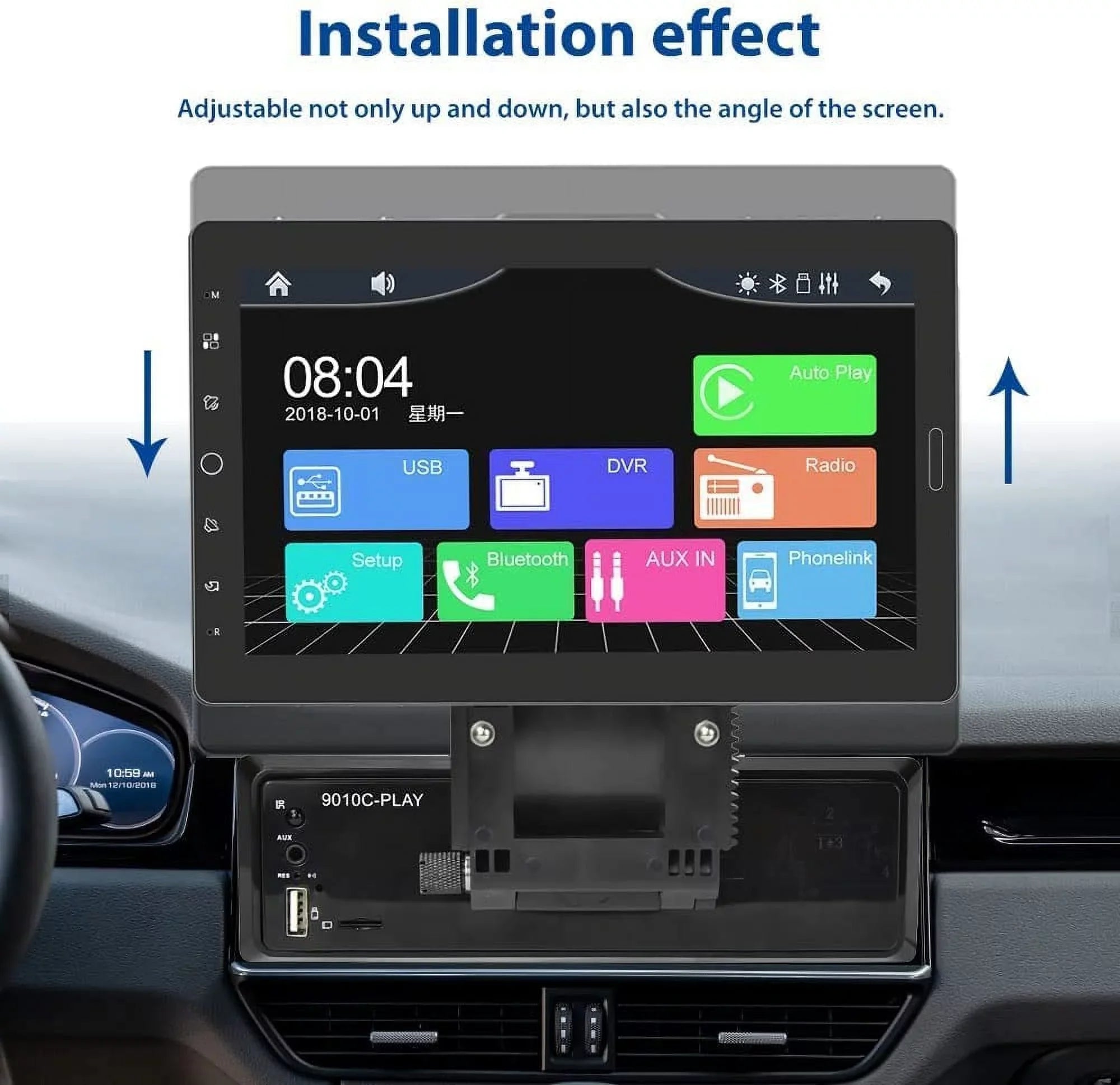 Podofo Single 1 Din 10.1'' Car Stereo Radio Apple Carplay Android Auto IPS Touch Screen 10 inch Car MP5 Player Bluetooth Mirror Link FM TF Card USB,with Rearview Camera