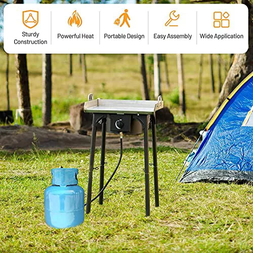 Moccha 100, 000 BTU Single Burner Outdoor Stove Propane Gas Cooker w/Detachable Legs, Portable Cast Iron Patio Cooking Burner Perfect for Camping, Patio, or RV