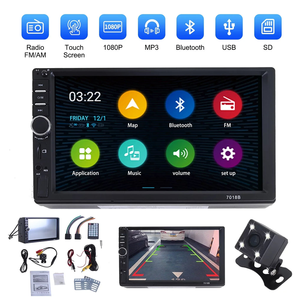 Double 2 Din Car Stereo Radio MP5 Player, 7 Inch HD Touch Screen Bluetooth Car Video Player 1080P with Backup Reversing Camera