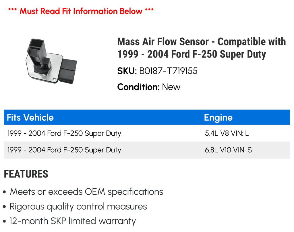 Mass Air Flow Sensor - Fitting with 1999 - 2004 Ford F-250 Super Duty 2000 2001 2002 2003