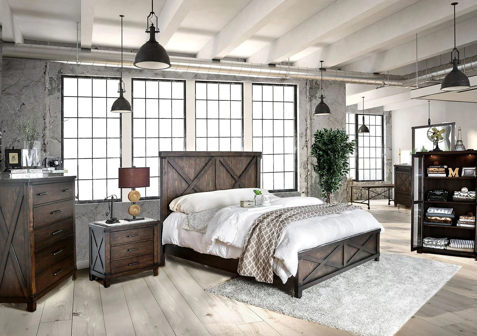Rustic Style Dark Walnut Transitional Bedroom Furniture 1pc Bed Plank Style HB FB Eastern King Size Bed Solid Wood