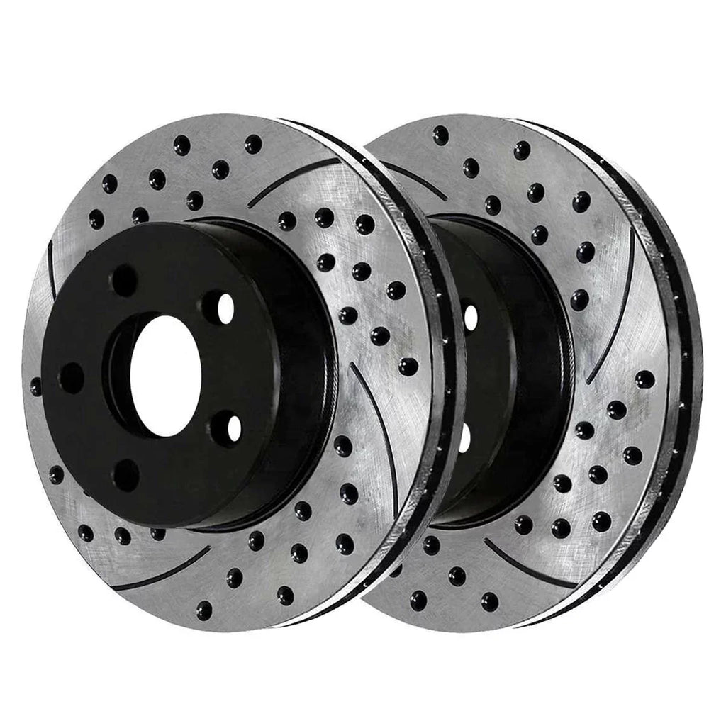 AutoShack Front Drilled Slotted Brake Rotors Black and Ceramic Pads Kit Driver and Passenger Side Replacement for 1999 2000 2001 Jeep Cherokee 1999-2004 2005 2006 TJ Wrangler 2.4L 2.5L 4.0L 4WD RWD