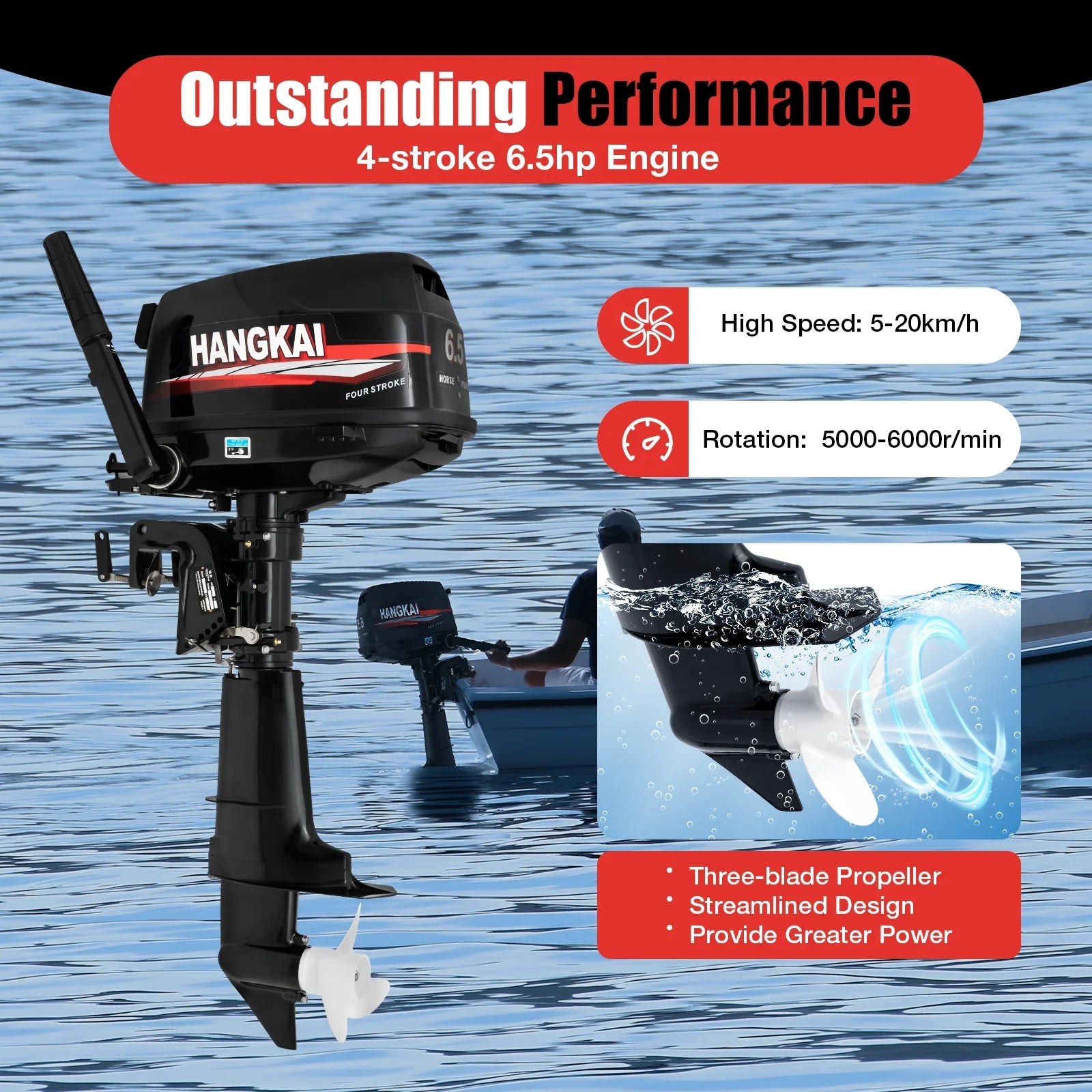 Anqidi 6.5HP 4 Stroke Outboard Motor 123CC Heavy Duty Vessel Engine with Single Cylinder Water Cooling System & CDI Ignition Tiller Control Max 6000r/min