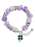 Delight Jewelry Silvertone Green Four Leaf Clover with Heart Leaves Purple Butterfly Bead Charm Bracelet, 7"+1" Extender