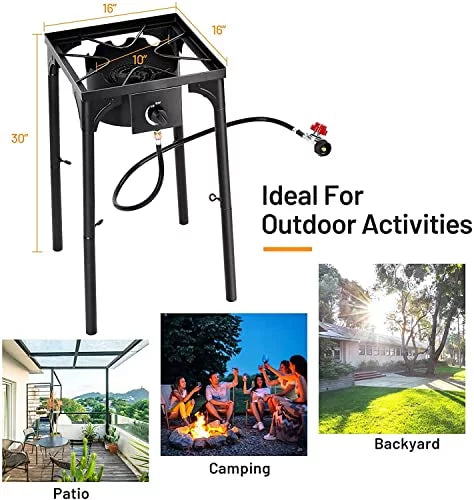 Moccha 100, 000 BTU Single Burner Outdoor Stove Propane Gas Cooker w/Detachable Legs, Portable Cast Iron Patio Cooking Burner Perfect for Camping, Patio, or RV