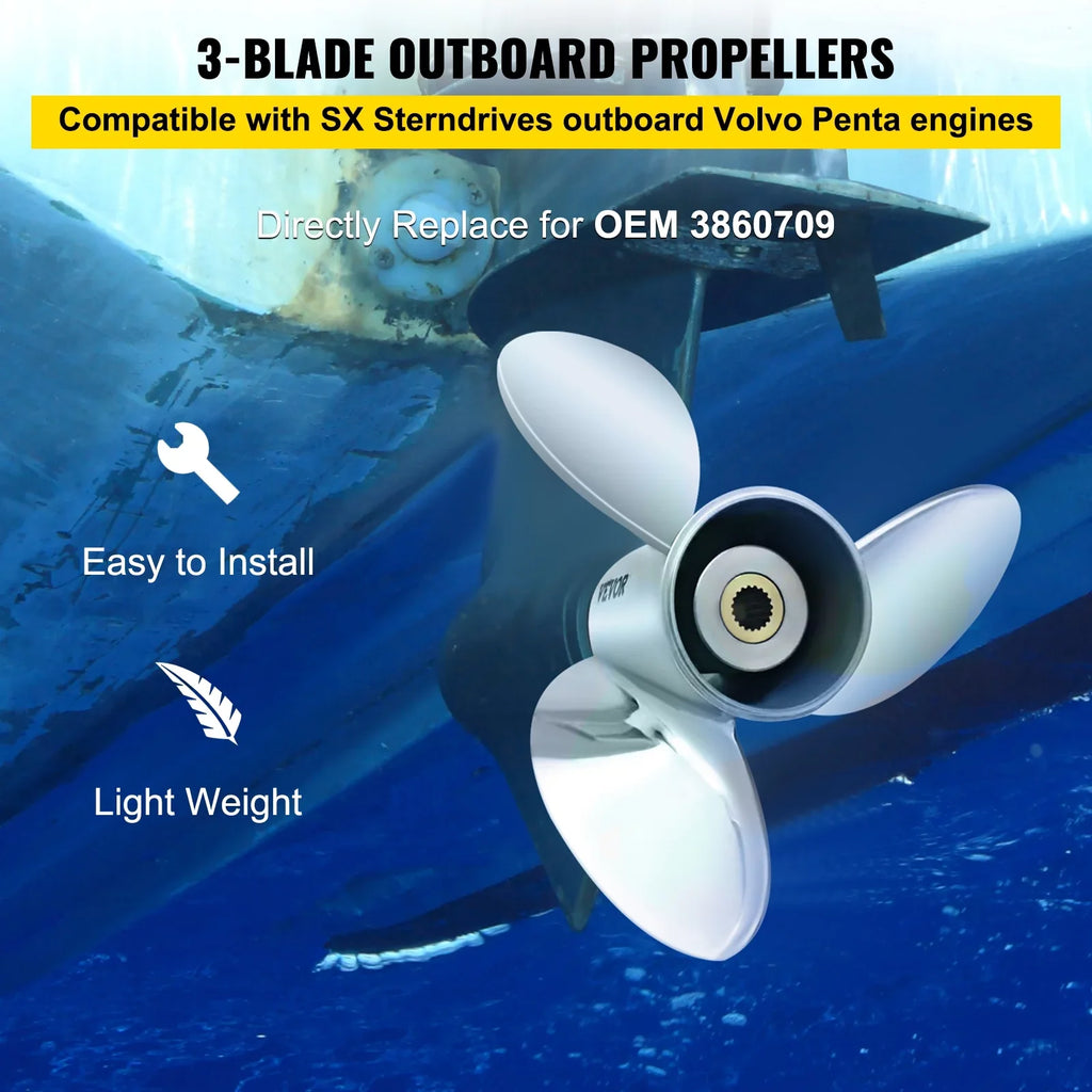 VEVOR Outboard Propeller, 3-Blade 14.5" x 21" Ship Propeller, Replace for OEM 3860709, Suitable with SX Sterndrives Outboard Volvo Penta Engine, Right-handed Steel Propeller Steel & 19 Spline Teeth