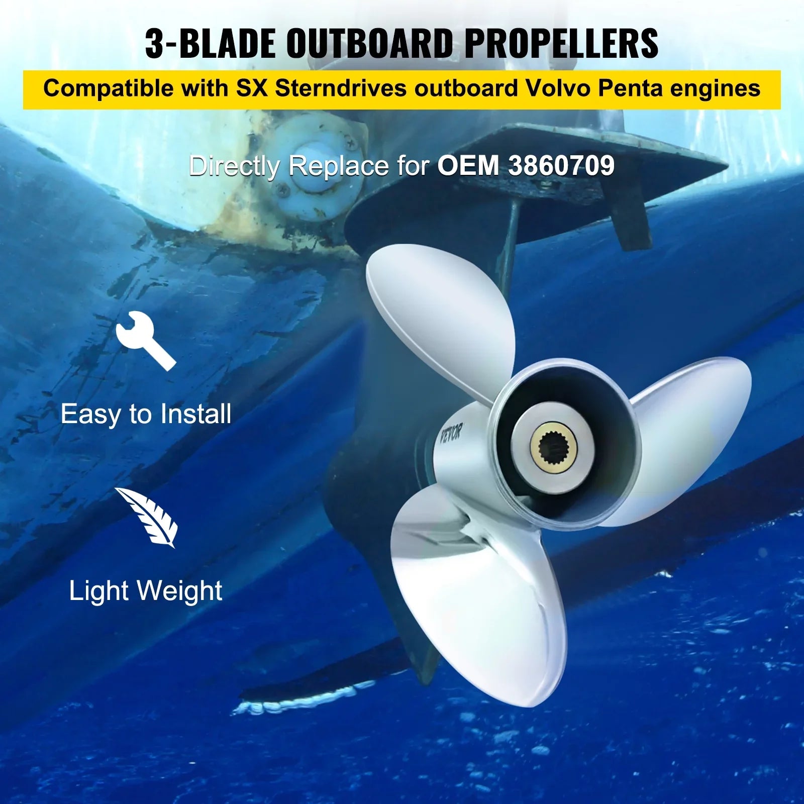 VEVOR Outboard Propeller, 3-Blade 14.5" x 21" Ship Propeller, Replace for OEM 3860709, Suitable with SX Sterndrives Outboard Volvo Penta Engine, Right-handed Steel Propeller Steel & 19 Spline Teeth