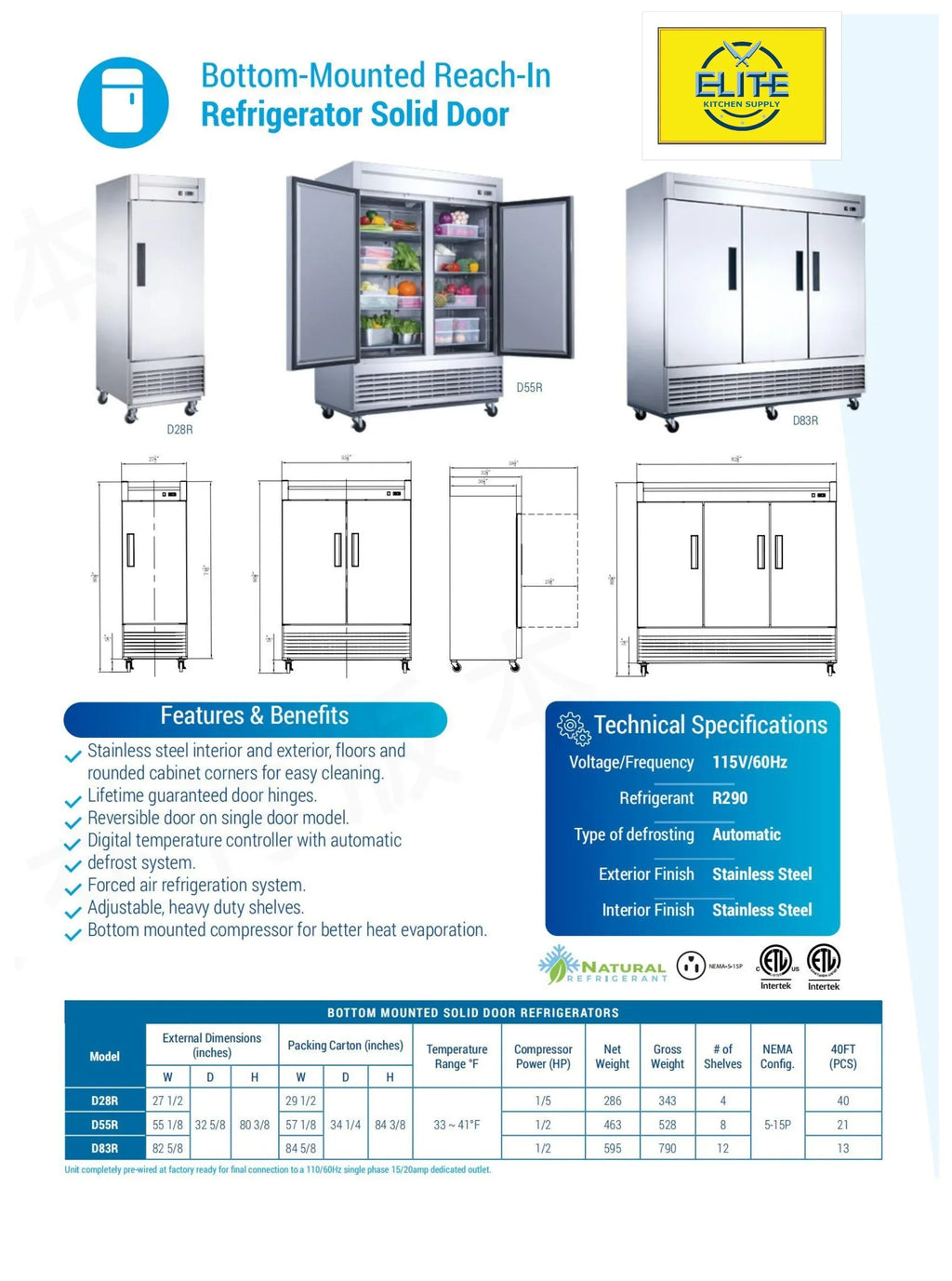 83 in. Commercial Upright Reach-In Three Door Refrigerator in Stainless Steel 64.8 Cu. ft.