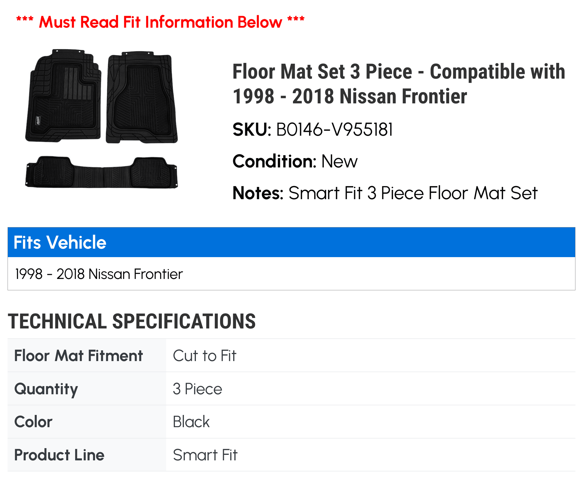 Floor Mat Set 3 Piece - Matching with 1998 - 2018 Nissan Frontier 1999 2000 2001 2002 2003 2004 2005 2006 2007 2008 2009 2010 2011 2012 2013 2014 2015 2016 2017