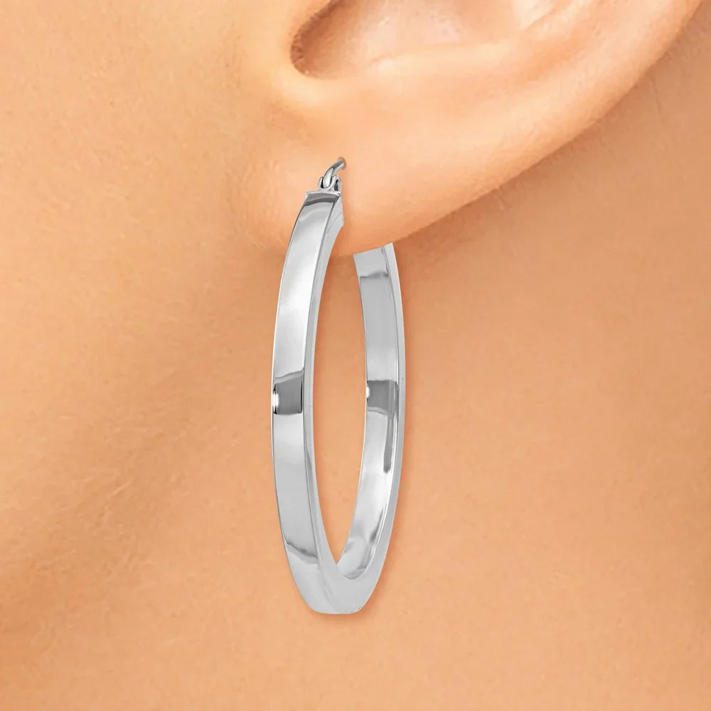Real 14kt White Gold 3mm Polished Princess Square Tube Hoop Earrings; for Adults and Teens; for Women and Men