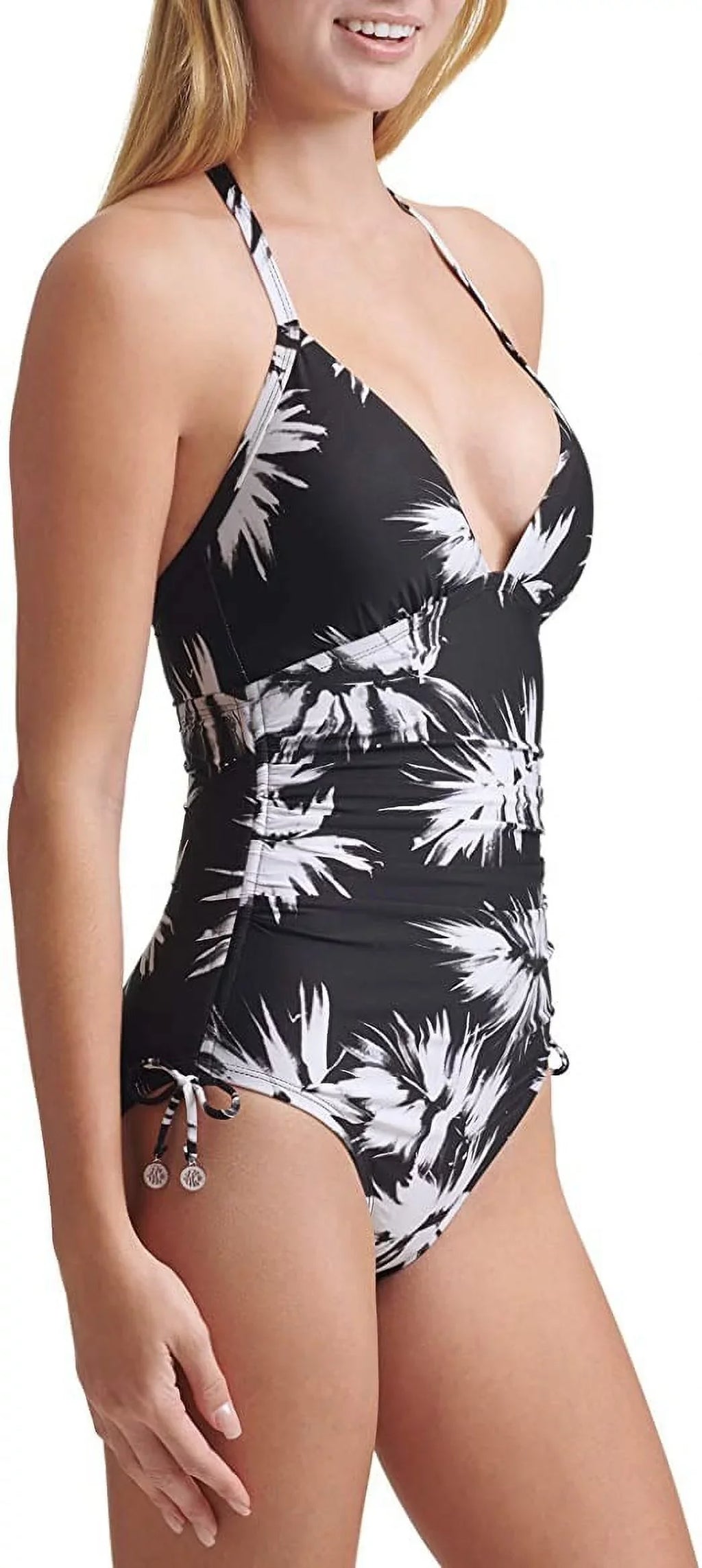 DKNY Womens Printed Adjustable Side Halter One-Piece Swimsuit, Black/White, 18