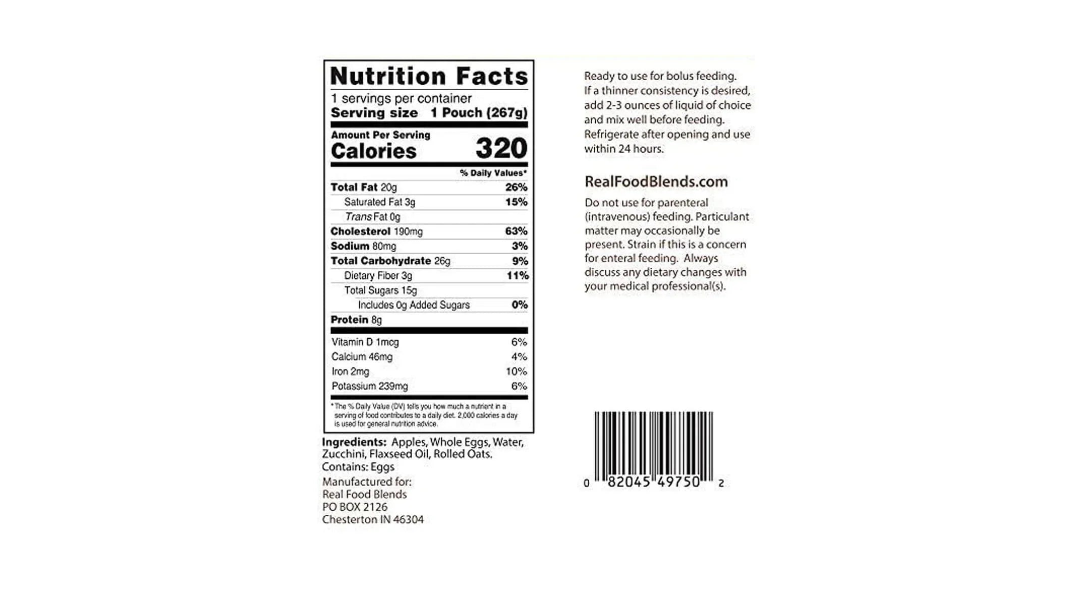 Real Food Blends - Eggs, Apples & Oats - Meals for Tube Fed People - 9.4 Oz Pouch (Pack of 12)