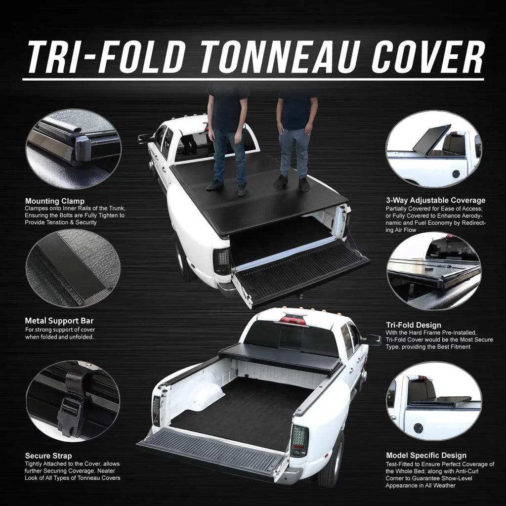 DNA Motoring TTC-HARD-028 For 2009 to 2022 Ram Truck 1500 / 3500 Fleetside 6.5Ft Short Bed Hard Solid Tri -Fold Tonneau Protection