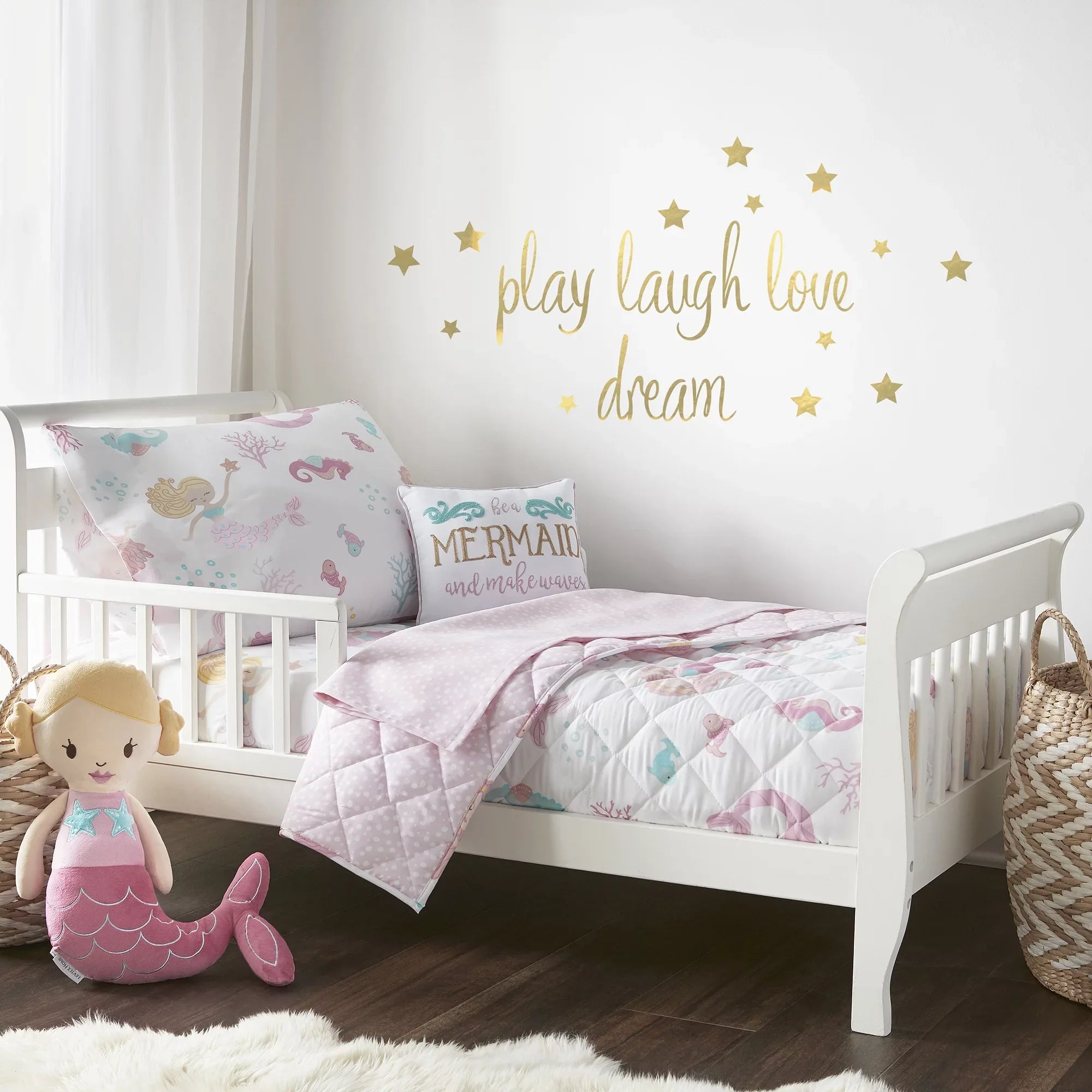 Levtex Baby - Mermaid Toddler Bed Set - Pink, Aqua, Taupe - Floral - 5 Piece Set Includes Reversible Quilt, Fitted Sheet, Flat Sheet, Pillow Case, Decorative Pilow