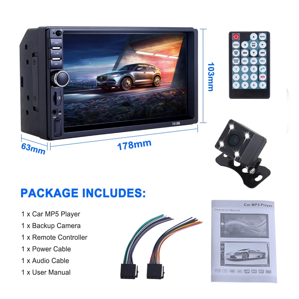 Double 2 Din Car Stereo Radio MP5 Player, 7 Inch HD Touch Screen Bluetooth Car Video Player 1080P with Backup Reversing Camera