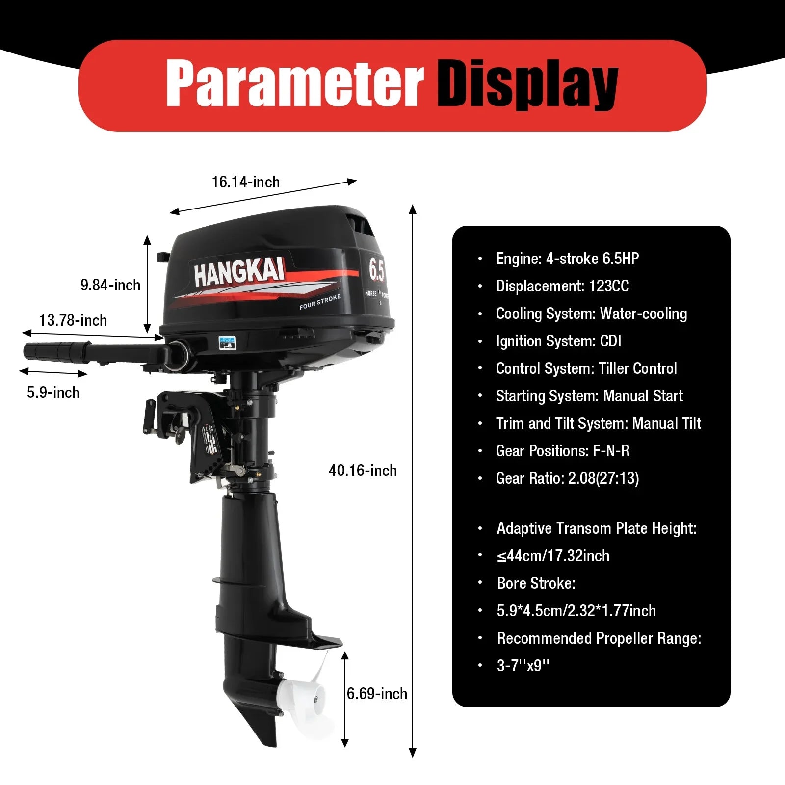 Anqidi 6.5HP 4 Stroke Outboard Motor 123CC Heavy Duty Vessel Engine with Single Cylinder Water Cooling System & CDI Ignition Tiller Control Max 6000r/min