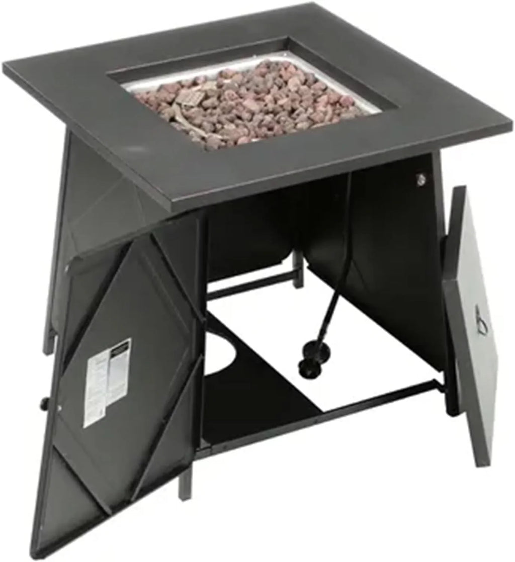 28 Inch Steel Square Gas Outdoor Backyard Tabletop Fire Pit with Lava Rocks and Steel Coating Lid, Black