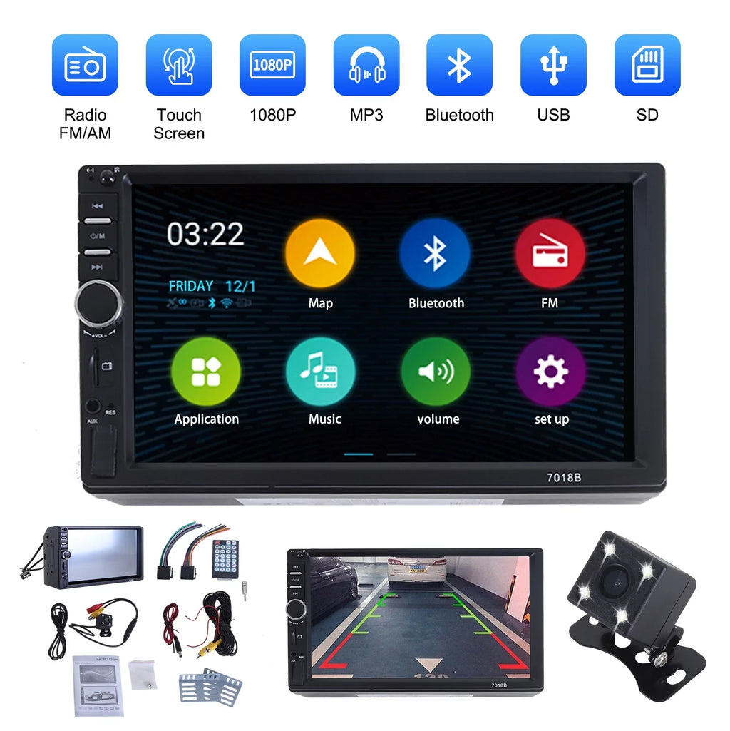 Double 2 Din Car Stereo Radio MP5 Player, 7 Inch HD Touch Screen Bluetooth Car Video Player 1080P with Backup Reversing Camera