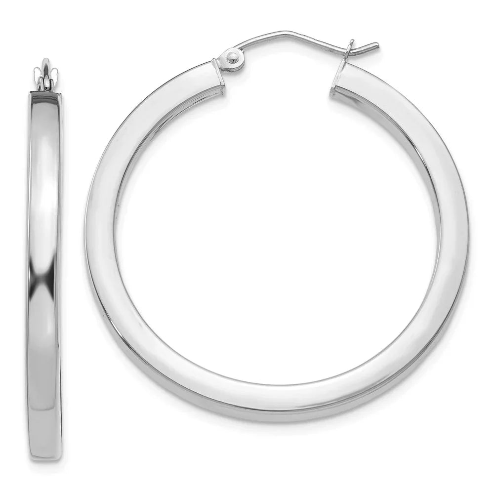 Real 14kt White Gold 3mm Polished Princess Square Tube Hoop Earrings; for Adults and Teens; for Women and Men