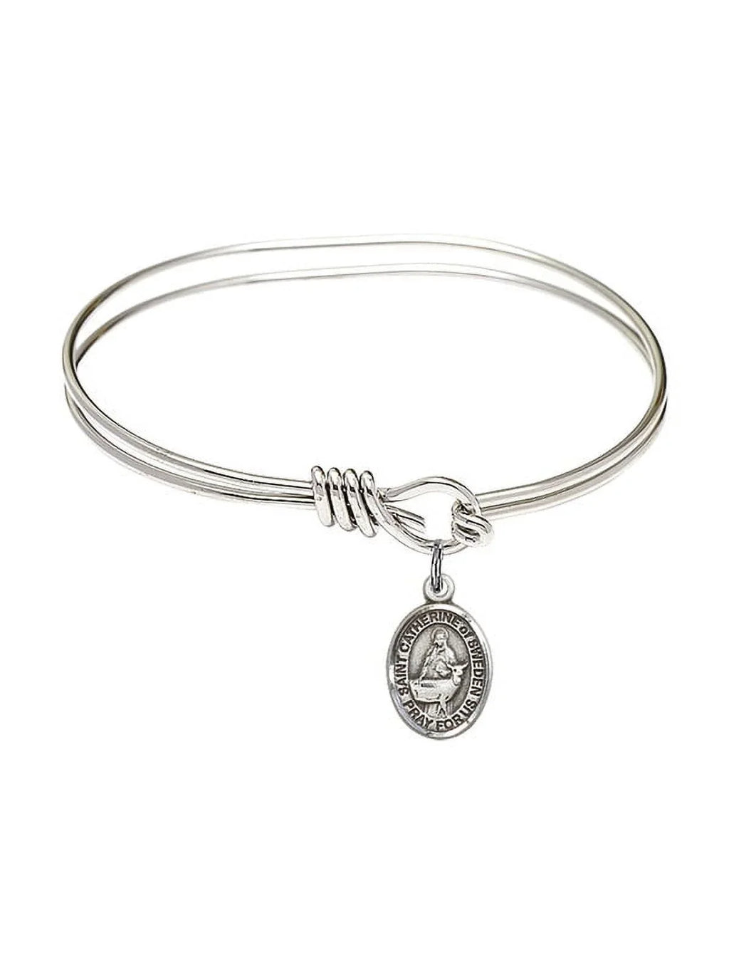 5 3/4 inch Oval Eye Hook Bangle Bracelet w/ St. Catherine of Sweden in Sterling Silver