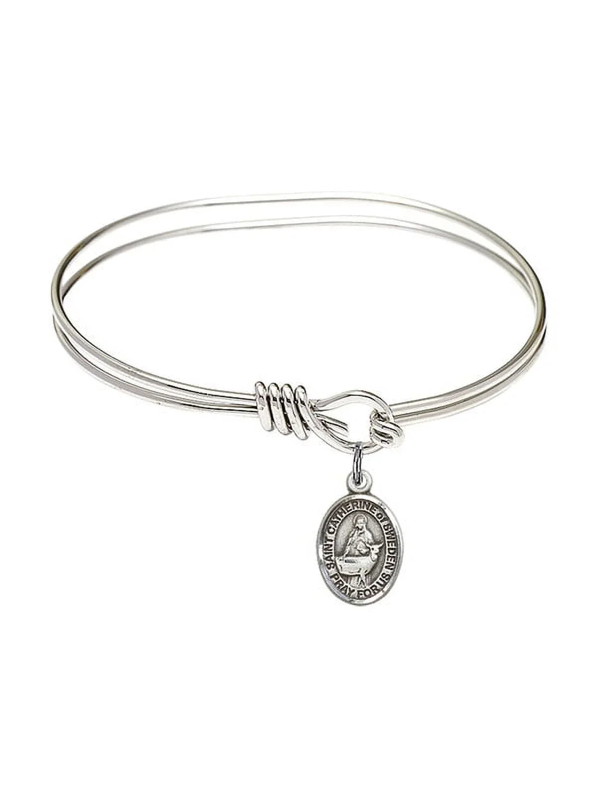 5 3/4 inch Oval Eye Hook Bangle Bracelet w/ St. Catherine of Sweden in Sterling Silver