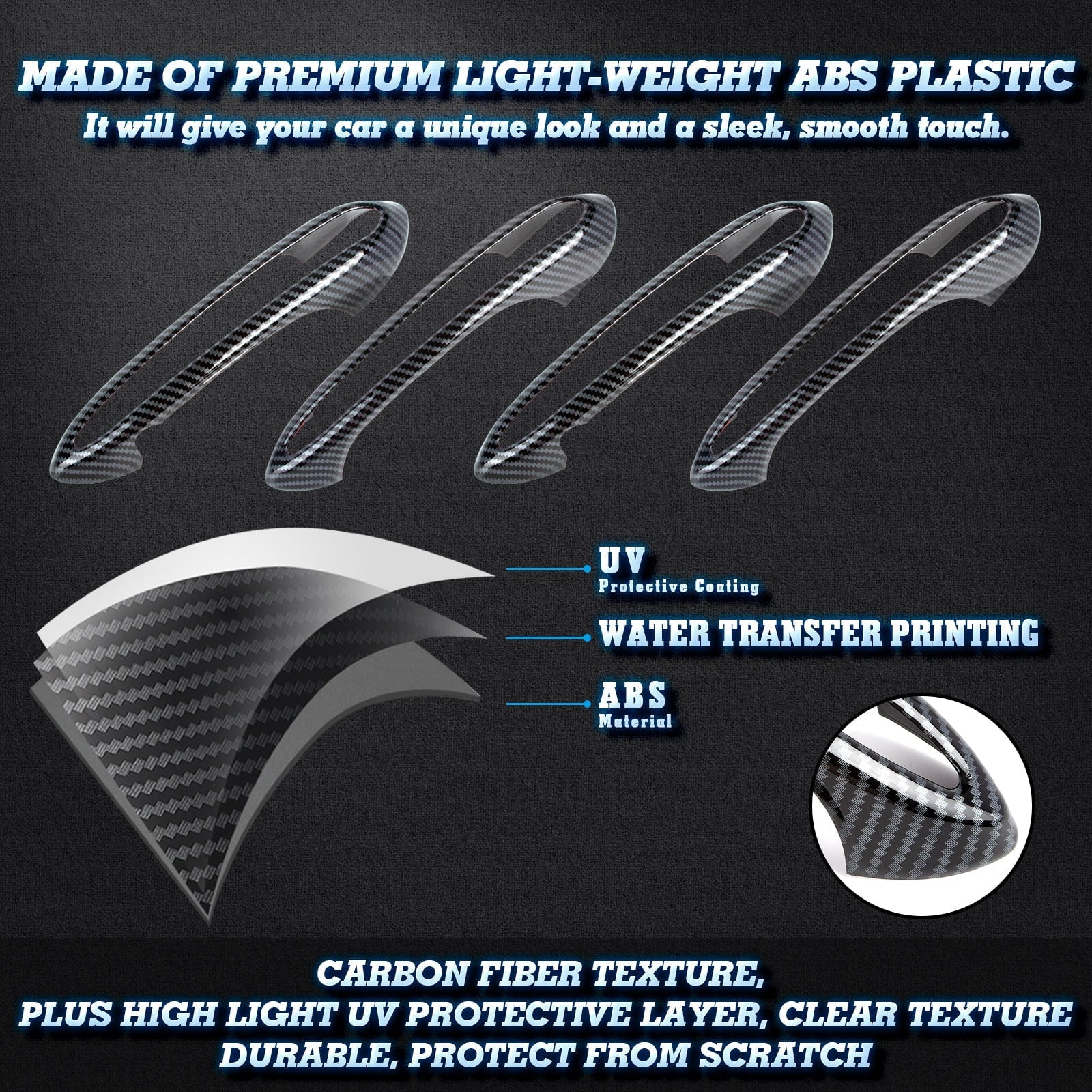 Xotic Tech 1 Set (4 pieces) Exterior Door Handle Surround Coating trims, Carbon Fiber Style, Matching with BMW 5 Series G30 2018-up