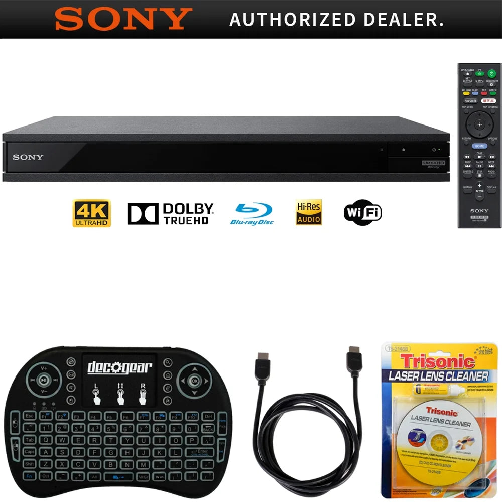 Sony UBP-X800 - 4K Ultra HD Smart Blu-Ray Player with Hi Res + Accessories Bundle Includes, 2.4GHz Wireless Backlit Keyboard w/ Touchpad, 6ft HDMI Cable and Laser Lens Cleaner for DVD/CD Players