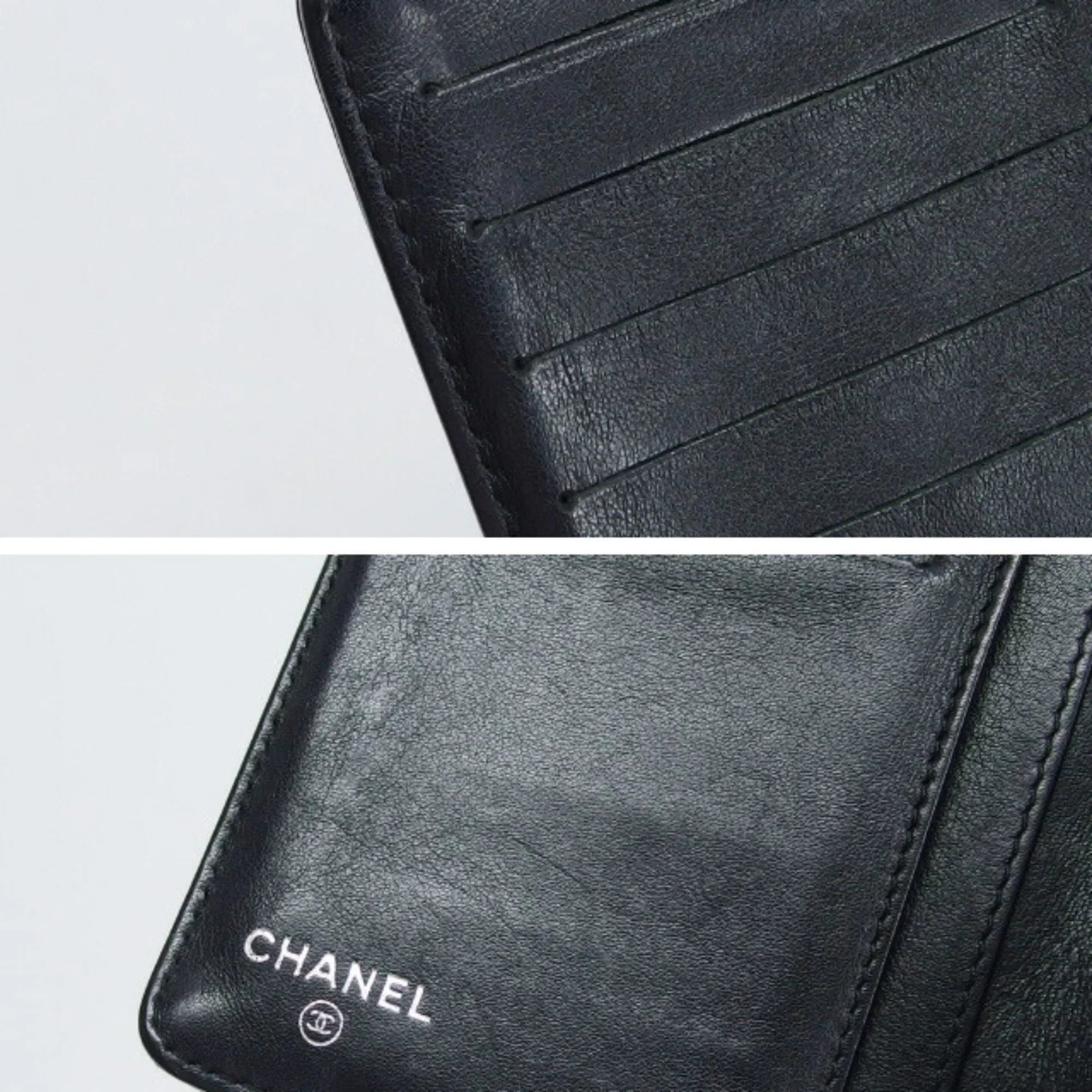 Pre-Owned Chanel camellia makeup palette bi-fold long wallet blue (Fair)