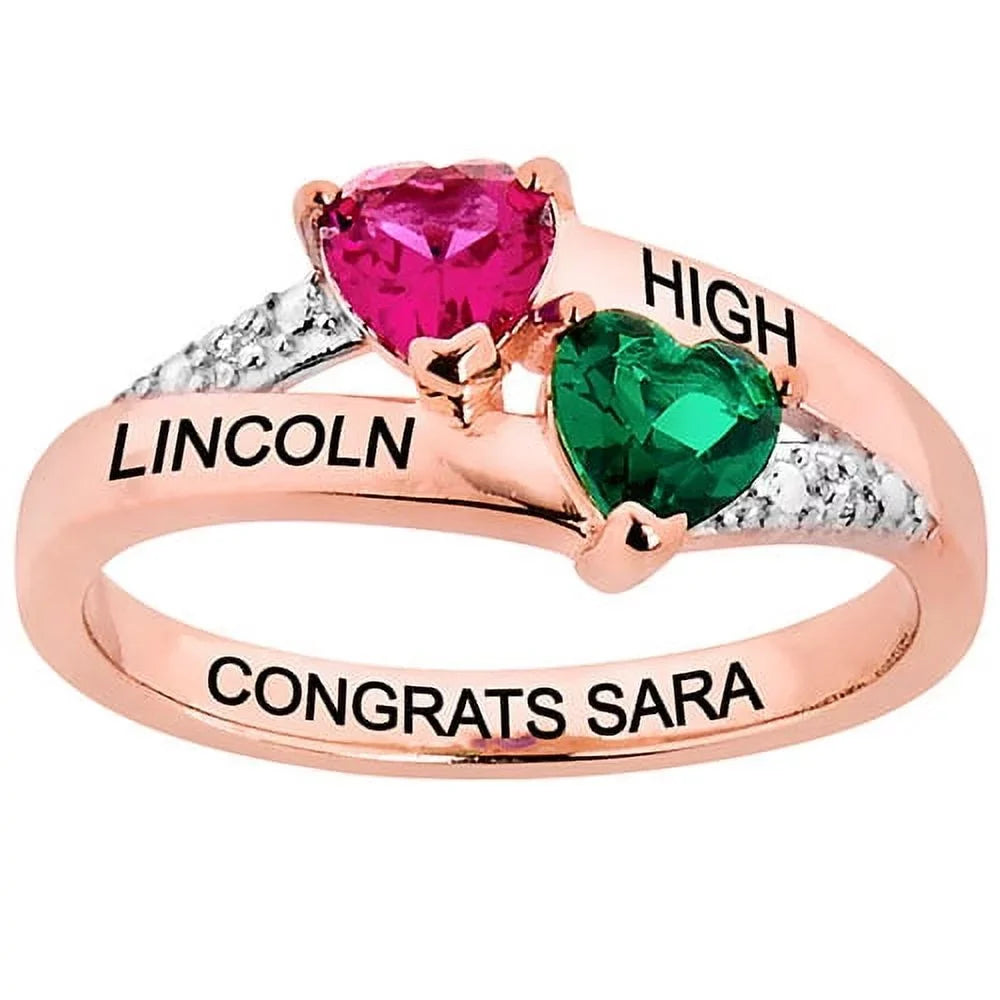 Order Now for Graduation, Freestyle Double Birthstone Heart Diamond Accent Class Ring Sterling Silver, Personalized, High School or College